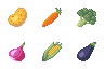 Six pixel art vegetables: potato; carrot; broccoli; red onion; corn; and an aubergine.