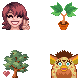 Four pixel art emotes/icons: me with reddish hair holding a peace sign; a sapling; a tree with a heart next to it; and a yellow and brown Furby.