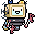 Pixel art of a small robot with a TV for a head, a happy face and red claw hands.