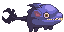 Pixel art animated sprite of a dark purple fish-rat-beast running.