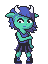 Pixel art of a shy looking girl with teal skin, blue hair and small white horns, wearing a dark blue tank top, skirt and boots.