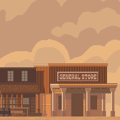 Pixel art of two buildings in a dusky orange palette.