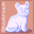 Pixel art of a statue of a light lilac-ish stone cat statue on a dusky orange background.