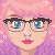 Pixel art of a close up on a woman's face with pale skin, pink hair, blue eyes, a septum piercing, glasses and sparkles.