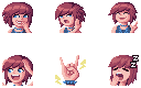 Six emotes of me with reddish hair: doing a smug laugh; holding my hand up looking disgusted; pointing a finger to the side smiling; with my hands on my head looking amazed; a hand in a metal horns position with lightning bolts at the sides; and me yawning.