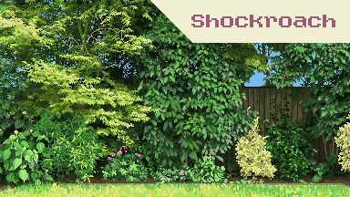 Pixel art garden scene with different plants in front of a fence with some lawn.