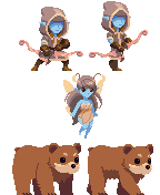 Pixel art sprites of a hooded figure with a bow, a pixie and a bear with idle and walking animations, cycling through different colour palettes.