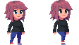 Pixel art sprite of me, a human with reddish hair, black jumper and blue jeans walking.