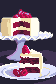 Pixel art of a slice of dark cake with light frosting and raspberries on a plate in front of the rest of the cake on a cake stand.