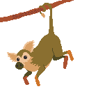 Pixel art animation of a brown monkey-pig-dog hybrid creature gently swinging from a branch by its tail.