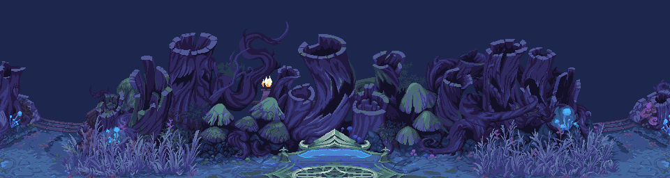 Pixel art of a purple-blue row of spooky trees and large mushrooms with an altar in front.