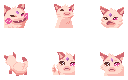 Six pixel art emotes of a pink cat: blushing; doing a popcat animation; disgusted; swinging his bum in a circle; sad with his thumb up; and just sad.