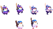 Pixel art sprites of penguin-like creatures holding wooden swords with idle and walking animations.
