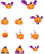 Pixel art sprites of different pumpkin creatures, some animated and some static and unfinished.
