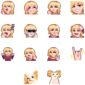14 emotes from my stream: me with blonde hair doing a haughty anime woman laugh; blushing like the blushing cat meme; waving; looking pained; yawning; crying with sunglasses on and doing a thumbs up; grinning with a hand over my face; hands on my head looking amazed; shrugging; holding my hand up looking disgusted; pointing a finger to the side smiling; a hand in a metal horns position with lightning bolts at the sides; a white dog with tan ears looking disappointed; and the same dog doing the popcat animation.