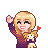 Pixel art of me with blonde hair waving and holding a small white dog with tan ears.