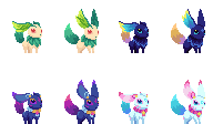 Pixel art sprites of different coloured fox-like creatures with idle and bouncing animations.