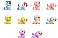 Pixel art sprites of different coloured griffin-like creatures with idle and running animations.