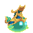 Pixel art animated sprite of a green blob wearing a fancy gold hat floating around.