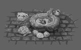 Greyscale pixel art study of sparrows in a bird bath beside stone ornaments.