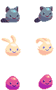Pixel art sprites of grey, yellow and pink blob-like creatures with idle and bouncing animations.