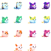Pixel art sprites of seven different coloured cat-blob-like creatures with idle and bouncing animations.