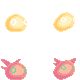 Pixel art sprites of orange and pink blob-like creatures with idle and bouncing animations.