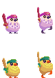 Pixel art sprites of one pink and one yellow penguin-like creatures holding wooden swords with idle and running animations.