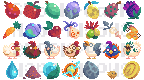 28 small pixel art food items in various colours and designs.