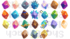 24 small pixel art diamond-like shapes in various colours and designs.