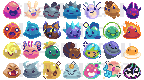 28 small pixel art slimes in various colours and designs.