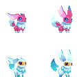 Pixel art sprites of one pink and one white fox-like creatures with idle and bouncing animations.