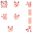Five emotes of a pink cat: a popcat animation; a shocked face; a shocked face and pointing behind him; smug; confused; and a long cat broken up into three separate emotes.