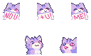 Five emotes of a purple cat: holding a NO U sign; holding a +U! sign; holding a ME! sign; doing a popcat animation; and sticking out his tongue.