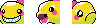 Three pixel art emotes of a yellow fish grinning, looking shocked and looking sad.