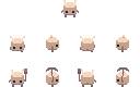 Pixel art sprite of a small beige alien's walk cycle and mining animation.