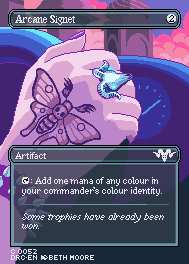 A pixel art hand with a moth tattoo and a goat head silver ring grips a steering wheel. Magic the Gathering card borders and text overlay it.