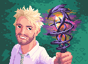 A pixel art blonde man in a shirt and tie holding a swirly spiky glowing staff.