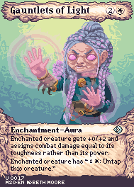 A pixel art old lady with long grey braids and pink glowing hands and eyes.